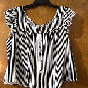 SHEIN Lune Plus Stripes Print Ruffle Trim Button Detail Butterfly Sleeve Blouse